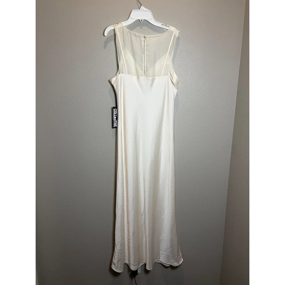 Future Collective Cream Mesh Panel Satin Maxi Dress Medium NWT